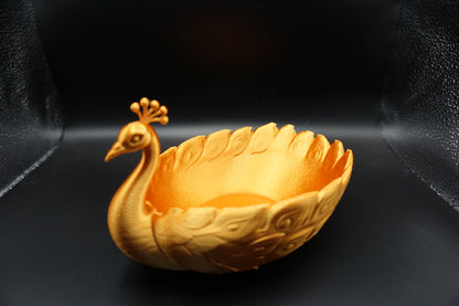 Gold Peacock Trinket Bowl – 3D Printed Silk Jewelry Dish – Elegant Geometric Bird Sculpture