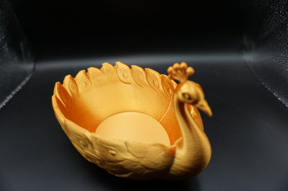 Gold Peacock Trinket Bowl – 3D Printed Silk Jewelry Dish – Elegant Geometric Bird Sculpture